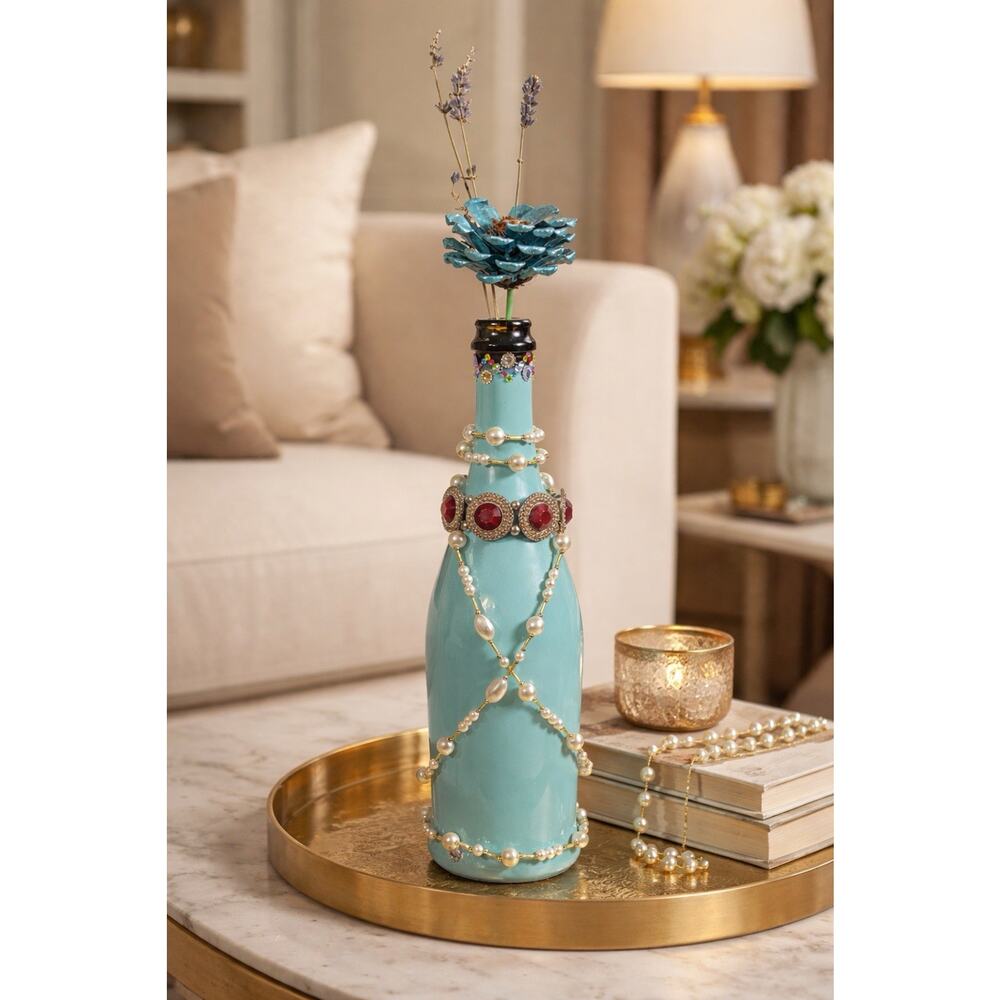 Bejeweled Glass Wine Bottle Vase Genie Shabby Chic Vintage Style Pop Art Mermaid